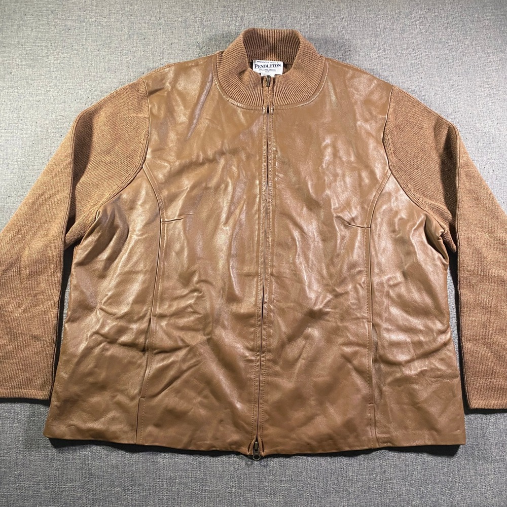 Pendleton Women Plus 3X Leather Wool Blend Bomber Jacket Brown Zip Front